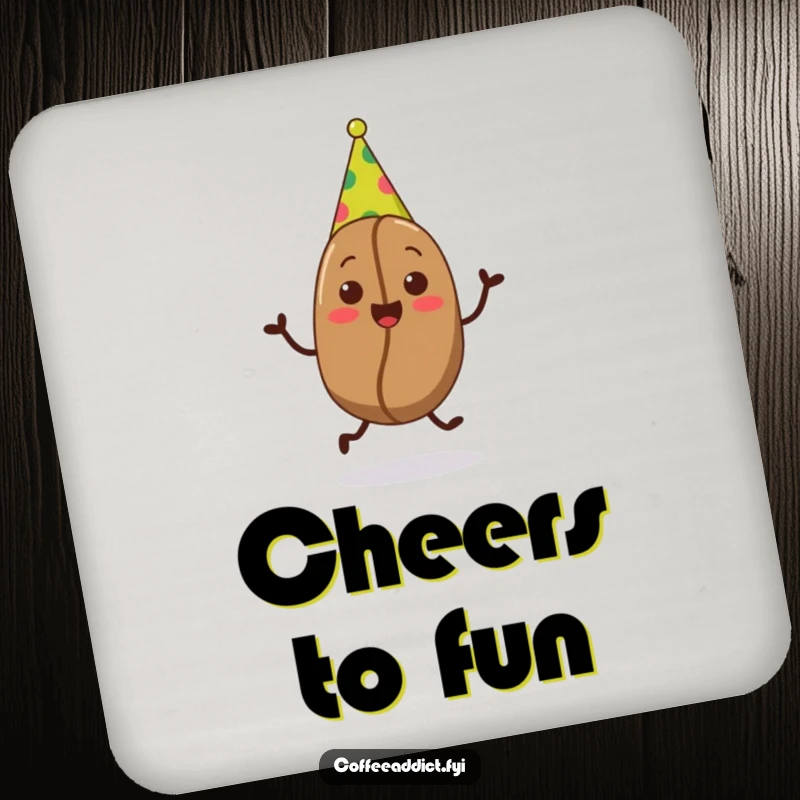 Funny drink coaster showcasing a coffee bean wearing a party hat and doing a joyful jig, offering cheerful surface protection.