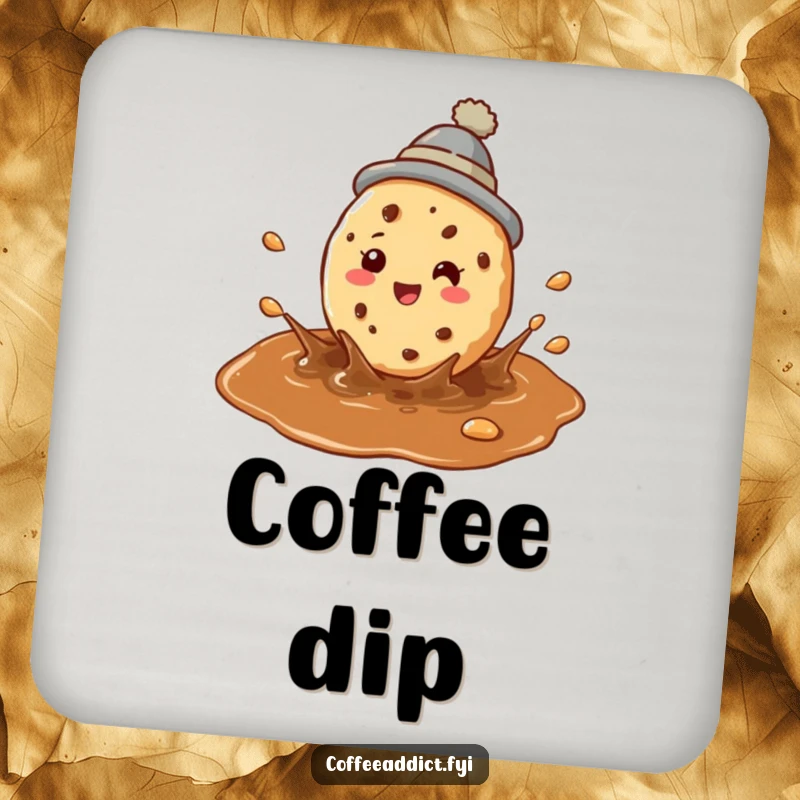 Funny cookie coffee coasters featuring a perky cookie wearing a hat splashing joyfully in a coffee puddle.