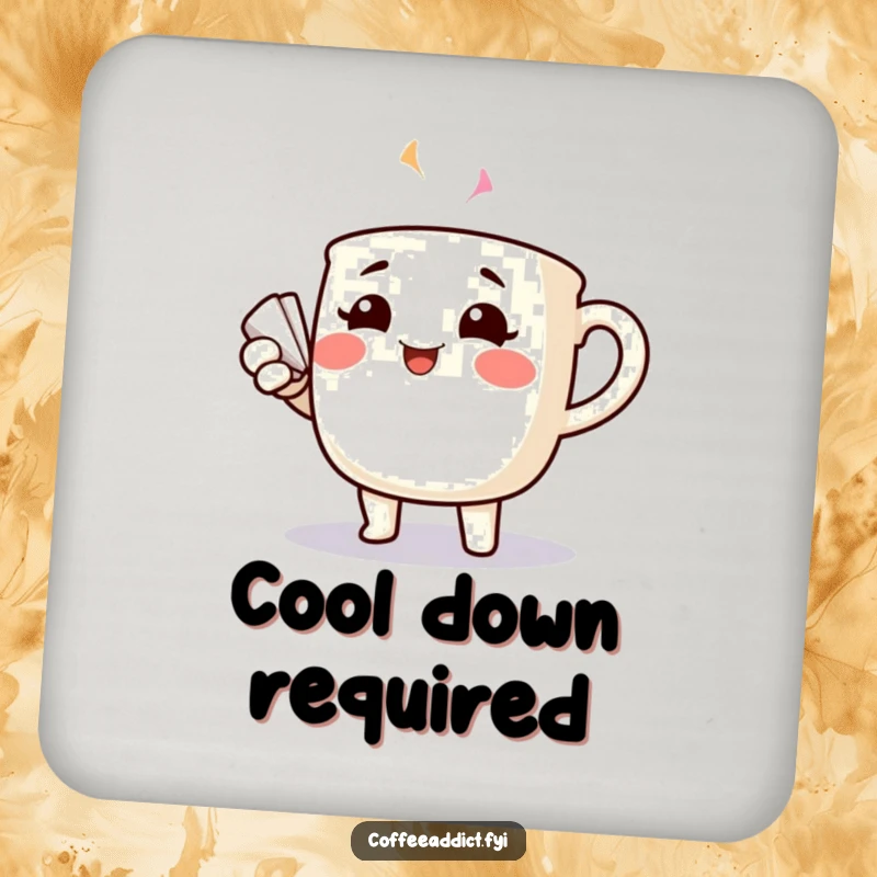 Funny cheerful coffee mug with rosy cheeks dramatically fanning itself, on a protective drink coaster.