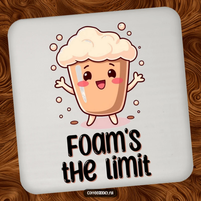 Funny Drink Coaster featuring a coffee cup with bubbly foam doing a playful dance, adding a cheerful and energetic touch to table surfaces.