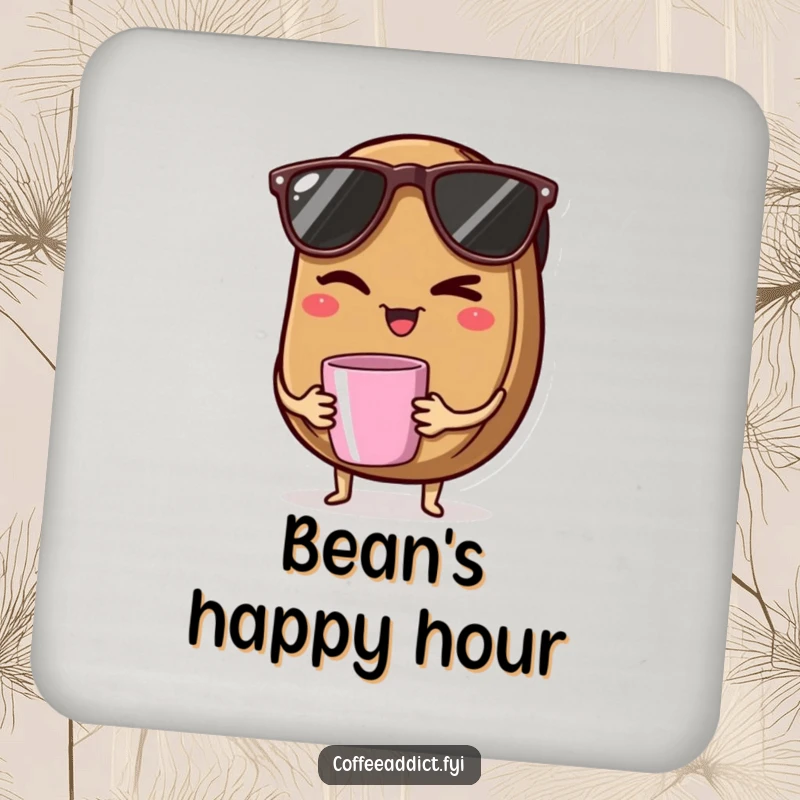 Funny drink coaster with a coffee bean wearing sunglasses, winking, and holding a tiny mug, adding cool vibes.