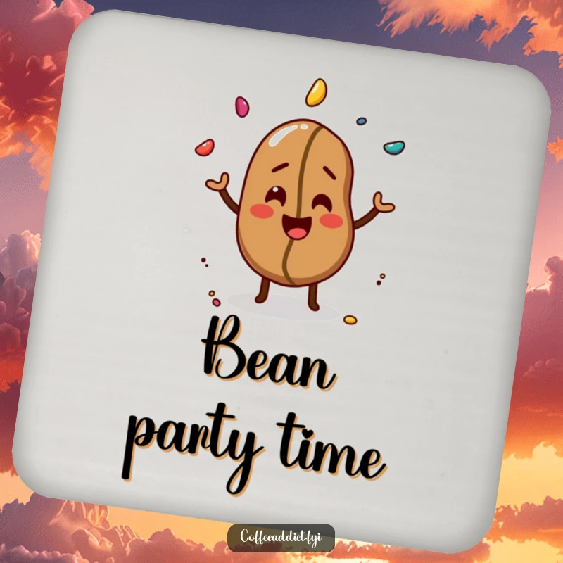 Funny drink coaster featuring a giggling coffee bean expertly juggling three colorful sprinkles.