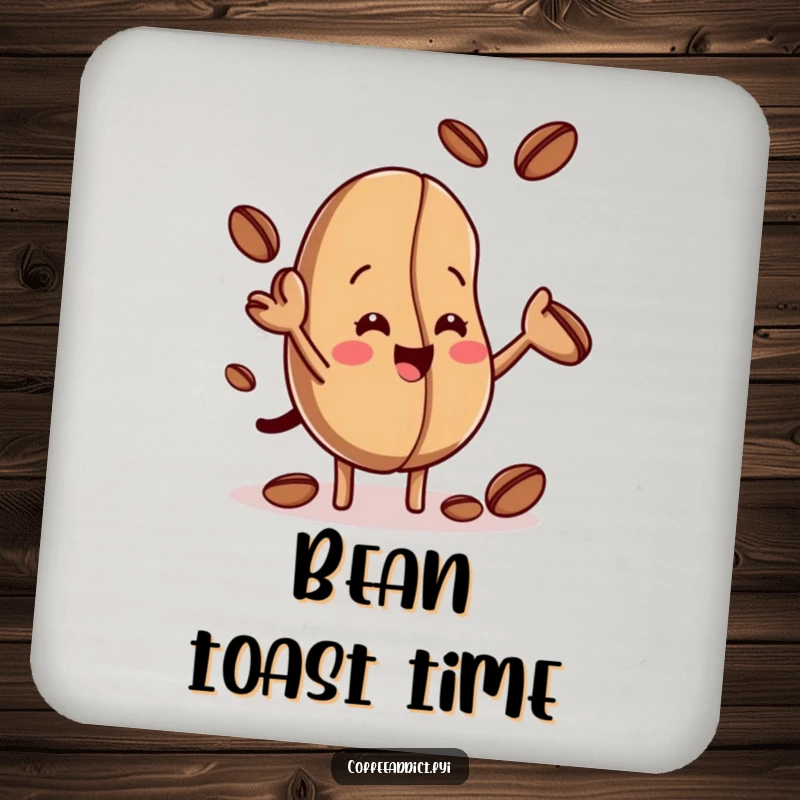 Funny drink coasters featuring a coffee bean juggling smaller beans, adding a touch of whimsy and protection to coffee tables.