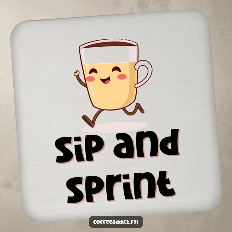 Funny drink coaster featuring a smiling coffee cup with tiny legs joyfully sprinting towards a steaming pot.