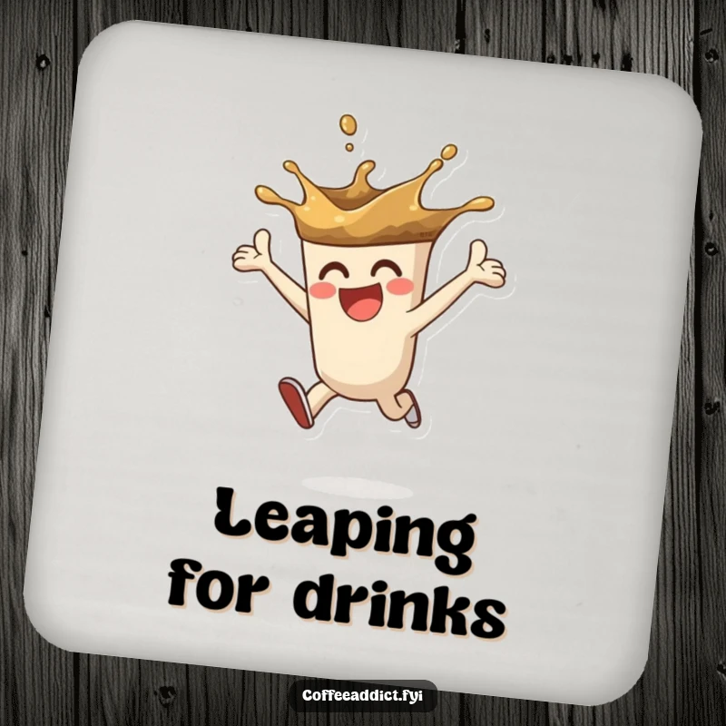 Funny drink coaster featuring a coffee splash character leaping with enthusiasm, adding energetic humor to surface protection.