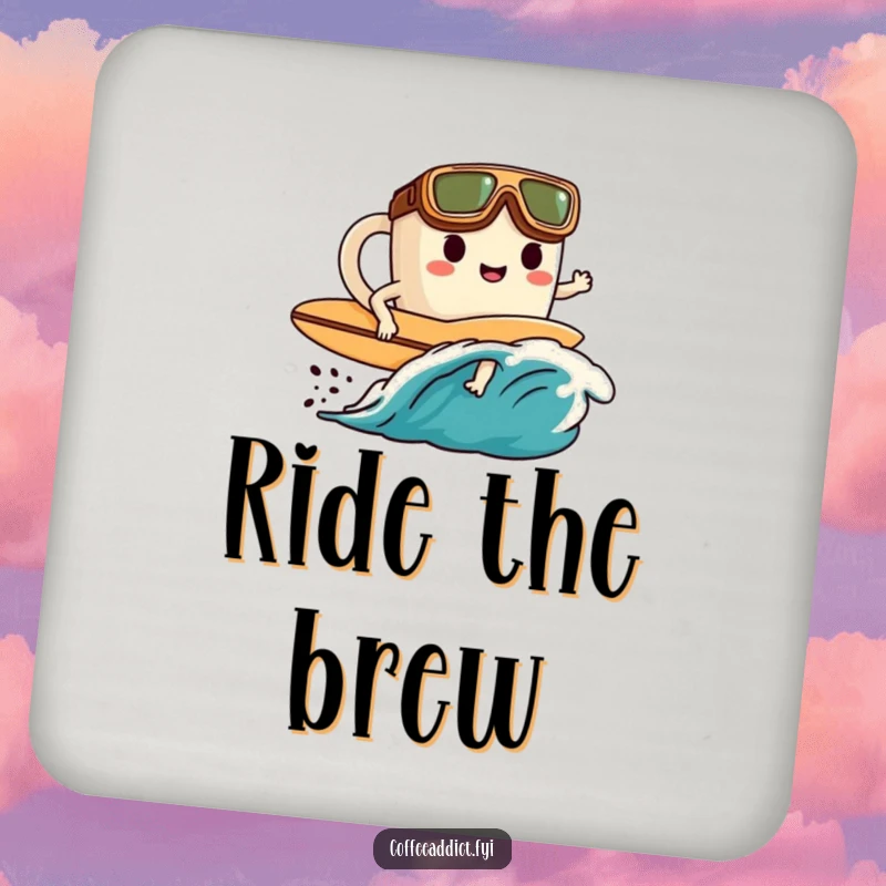 Funny drink coaster depicting a goggled surfer character riding a coffee wave, offering stylish protection for tabletops.