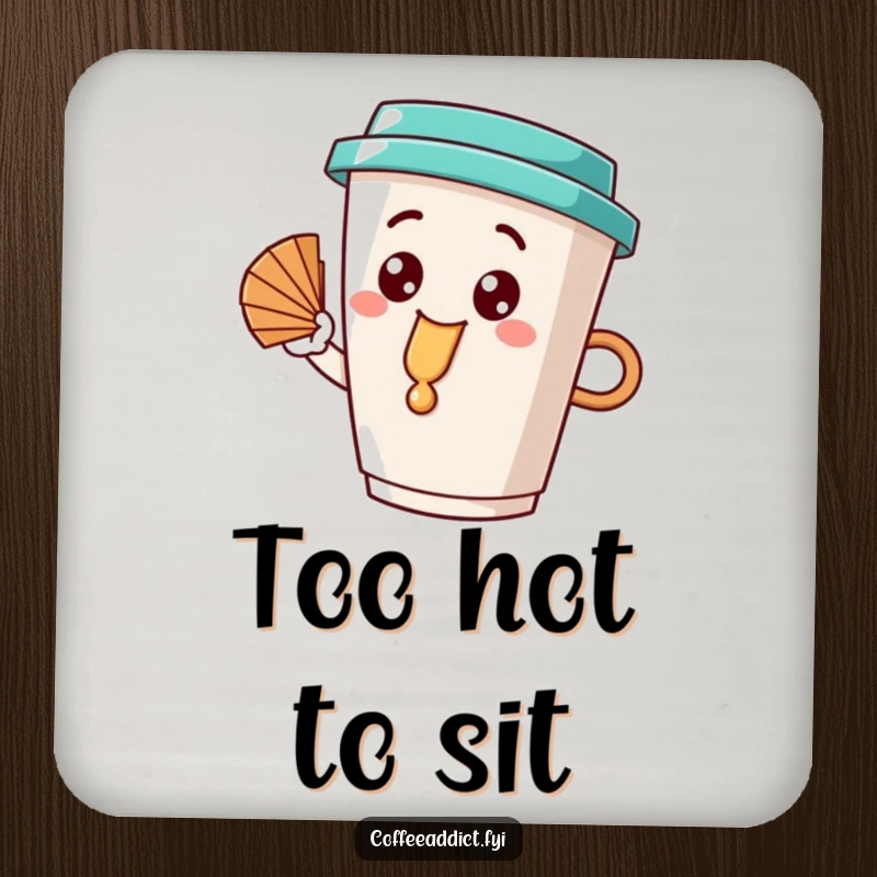 Funny coffee cup character with a happy dribble, fanning itself, looking cool and protective on a round drink coaster.