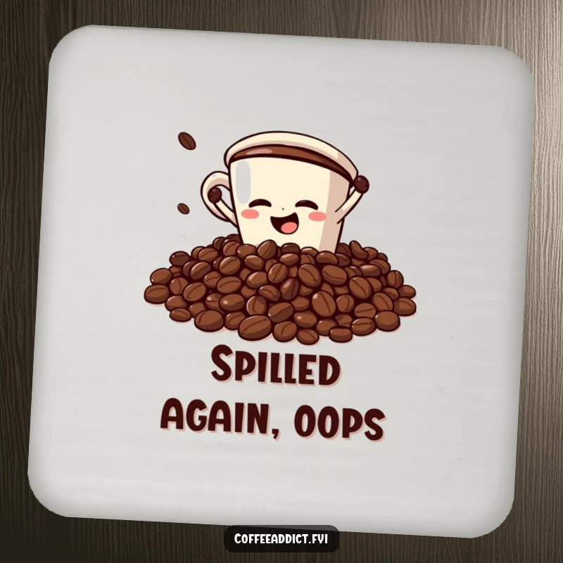 Funny Coaster: Coffee cup character dramatically faceplanting into a pile of coffee beans, adding comical humor and surface protection.