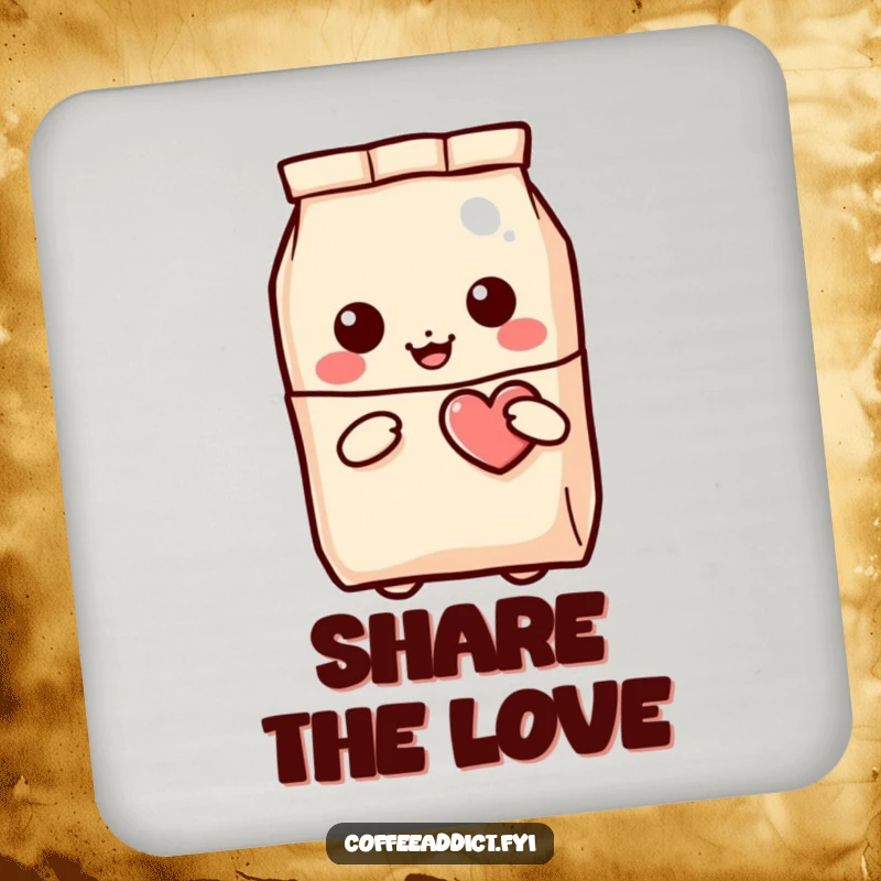 Funny Kawaii Coffee Bag Drink Coaster showing a small character peeking out, holding a winking heart, for surface protection.