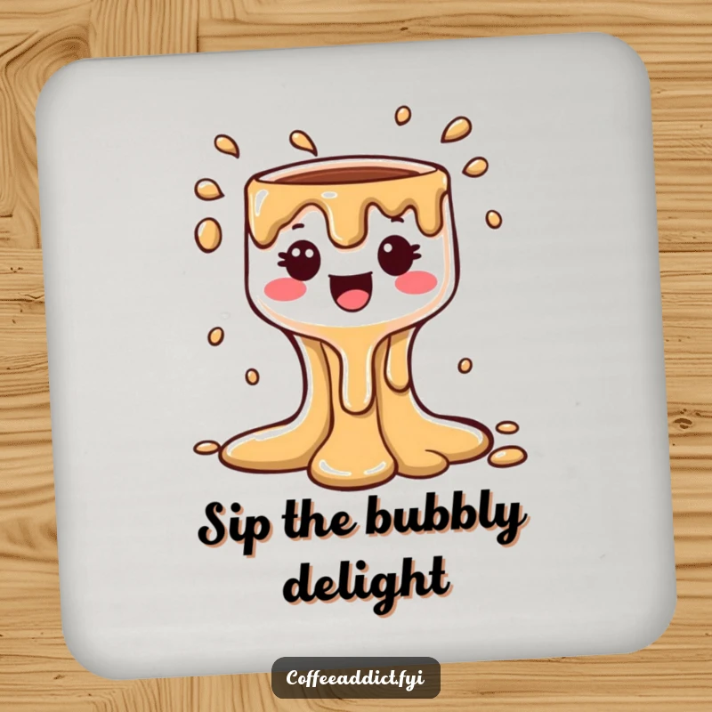 Funny Kawaii Coffee Drip Coasters with a cheerful character and bubbly cascade, protecting tables with humor and cuteness, ideal gift.