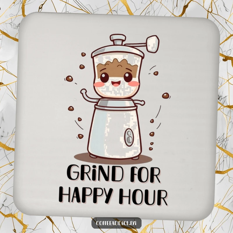 Funny Kawaii Coffee Grinder Drink Coaster showing a small character spinning rapidly with a happy grumbled sound, protecting surfaces.