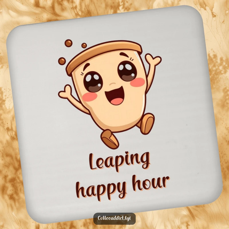 Funny drink coaster with a kawaii coffee character doing an energetic, joyful leap, adding cute decor.