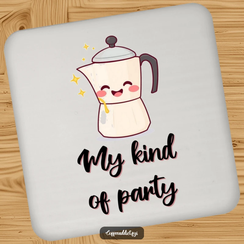 Funny Kawaii Coffee Pot Coaster showing a character gleefully pouring sparkling liquid, protecting surfaces humorously.
