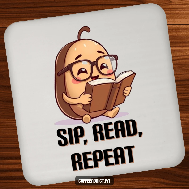 Funny Coaster: Coffee bean character wearing spectacles, reading an oversized book, adding intellectual humor and surface protection.