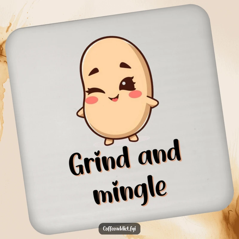 Funny Kawaii Coffee Bean Coaster featuring a cute character winking with a mischievous grin, protecting surfaces with playful and humorous style.