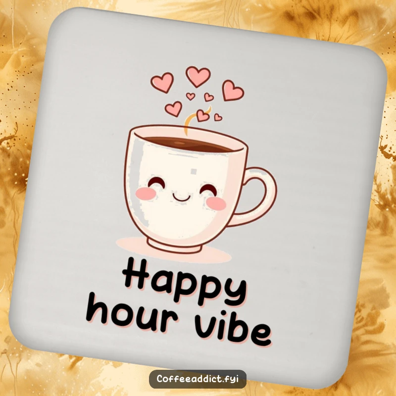 Funny smiling coffee cup with heart-shaped steam doing a happy dance, on a functional drink coaster.