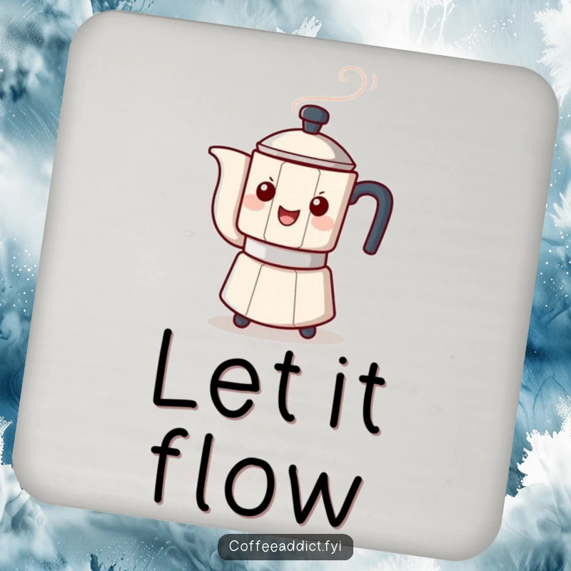 Funny drink coaster showcasing a steaming coffee pot character playfully tipping, offering cheerful surface protection with a whimsical design.