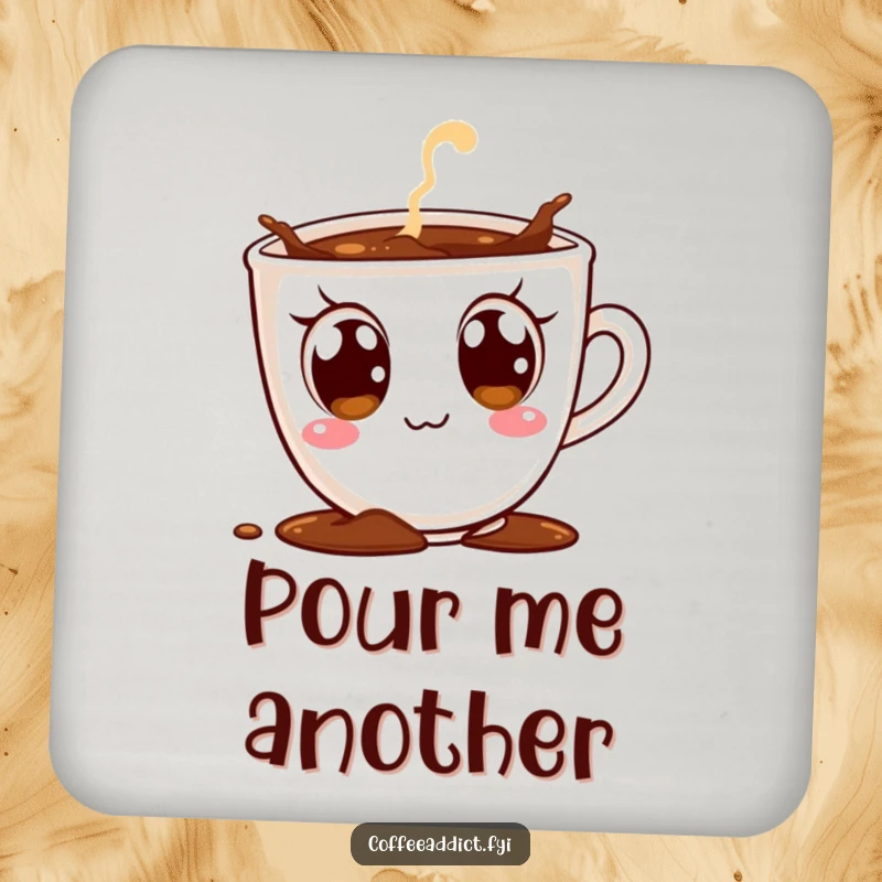 Funny drink coaster featuring a coffee cup character with massive, excited eyes, comically spilling coffee, offering playful protection.