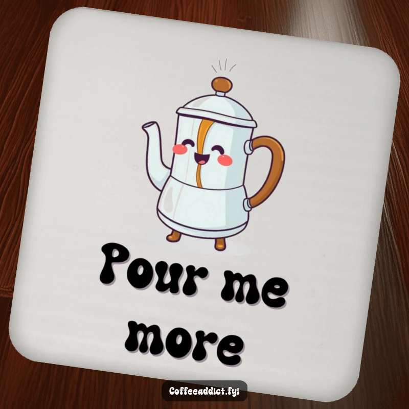 Funny Coaster: Steaming coffee pot character pouring a stream of dancing coffee, adding humorous protection to surfaces.