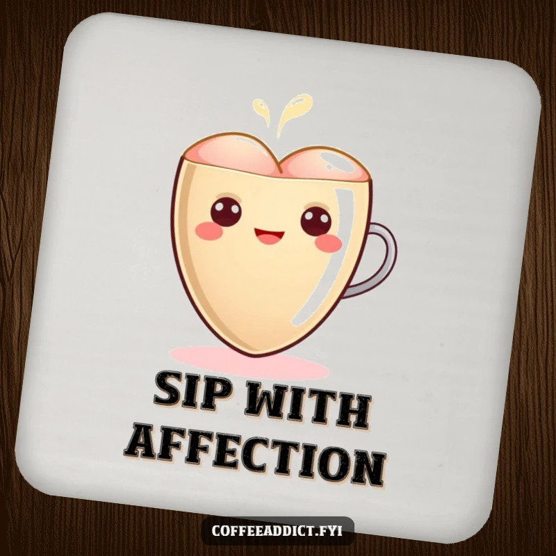 Funny Kawaii Latte Heart Coaster featuring a cute heart character glowing warmly, protecting surfaces with loving and humorous style.