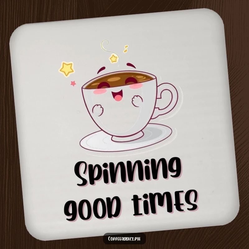 Funny coasters with a spinning coffee saucer character, adding playful charm and surface protection.