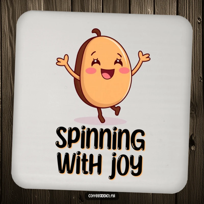 Funny Drink Coaster featuring a smiling coffee bean in mid-cartwheel, adding a playful touch to table surfaces.