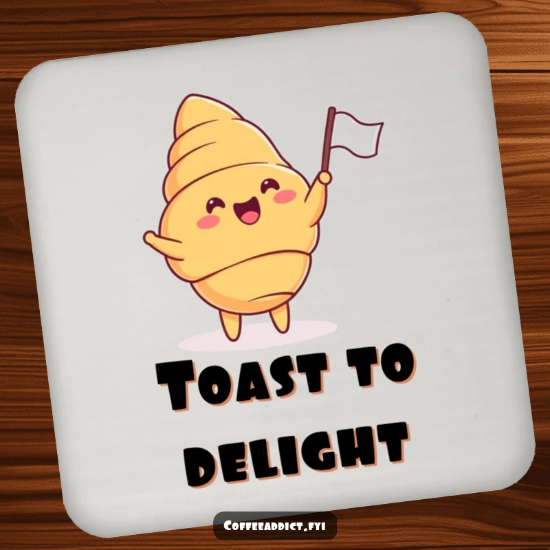 Funny drink coaster featuring a cheering croissant enthusiastically waving a tiny flag with delight.