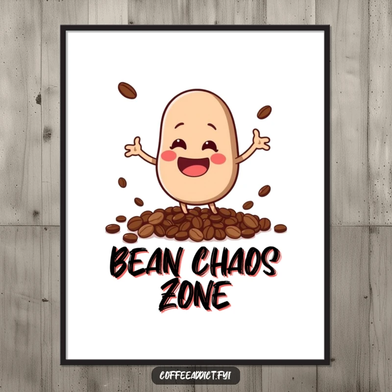 Funny kawaii coffee bean character with a huge grin, comically spilling beans, presented as vibrant wall art.