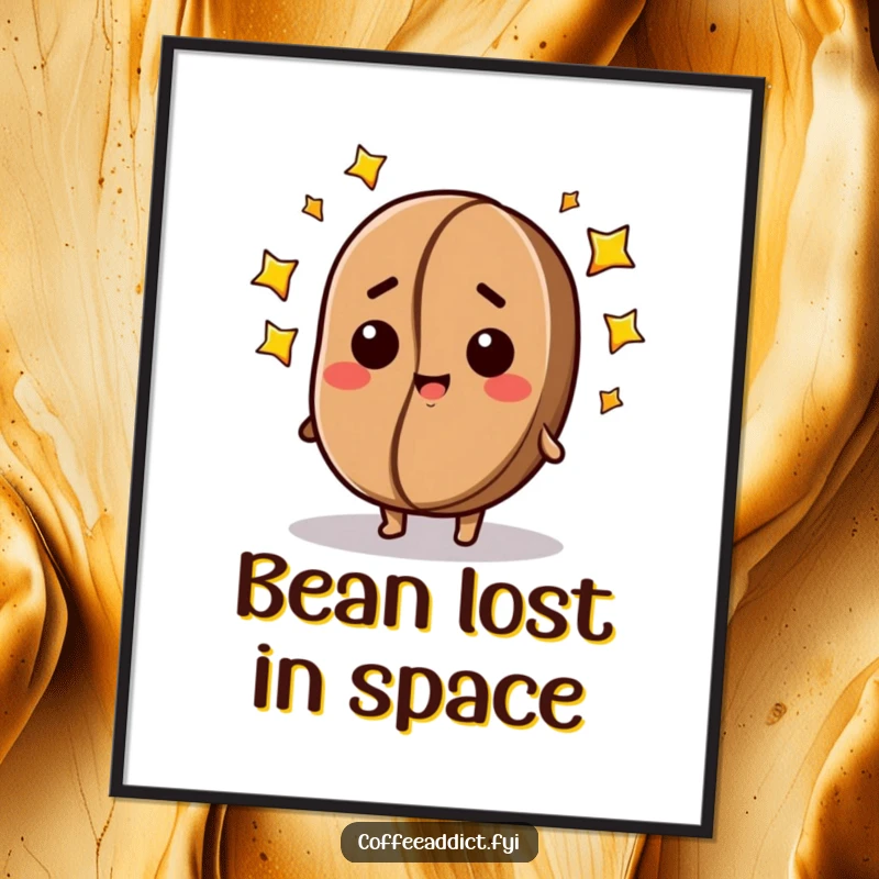 Funny poster art of a dazed coffee bean character with a gentle smile and stars swirling around its head, creating a whimsical mood.