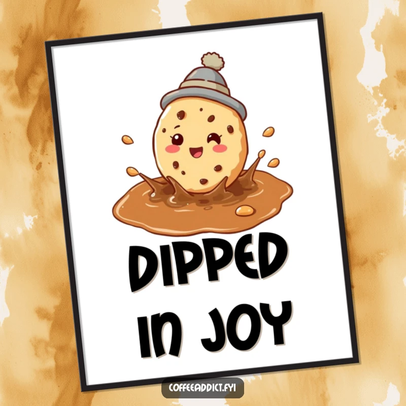 Funny cookie coffee poster showing a perky cookie in a hat joyfully splashing in a puddle of coffee.