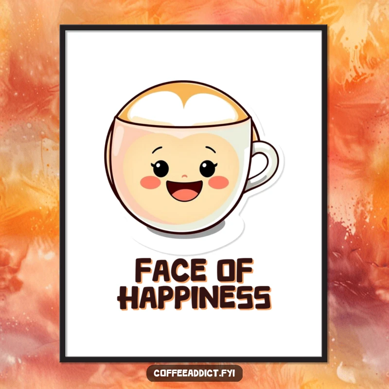 Funny Kawaii Latte Art Poster showing a character forming a cheerful smiley face in a coffee cup, perfect for decor.