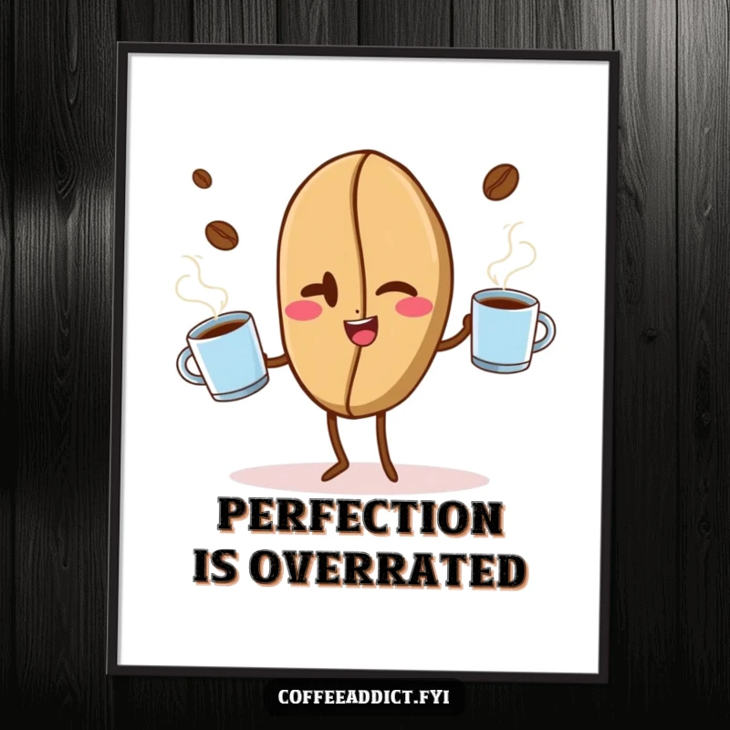 Funny decorative poster of a winking coffee bean artistically juggling steaming coffee mugs, adding vibrant humor to any room.