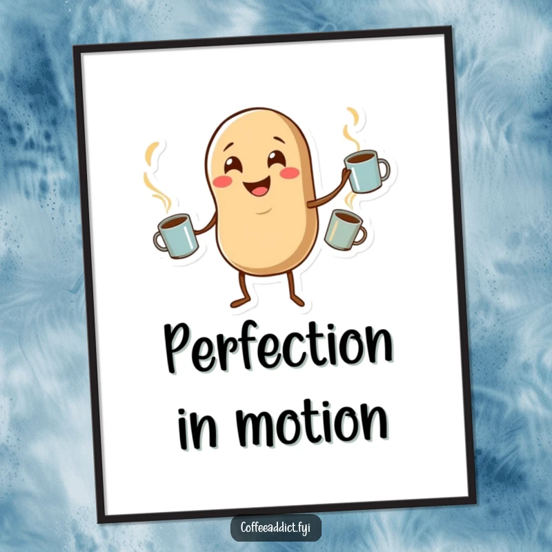Funny poster capturing a smiling coffee bean character with incredible skill, juggling three steaming mugs, bringing joy to any space.