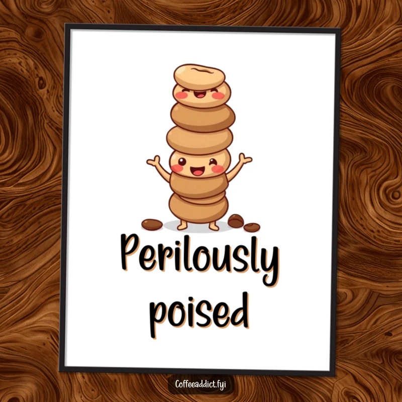 Funny poster featuring a stack of happy, wobbly coffee beans in a silly, slightly unstable pose, full of humor.