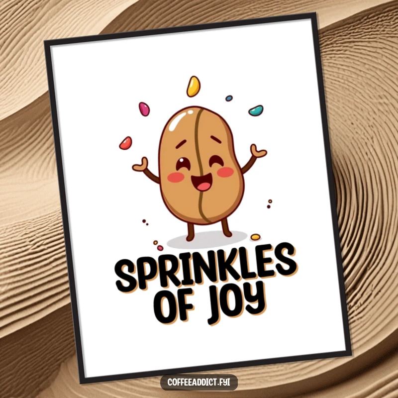 Funny poster art of a giggling coffee bean skillfully juggling three colorful sprinkles with a joyful demeanor.