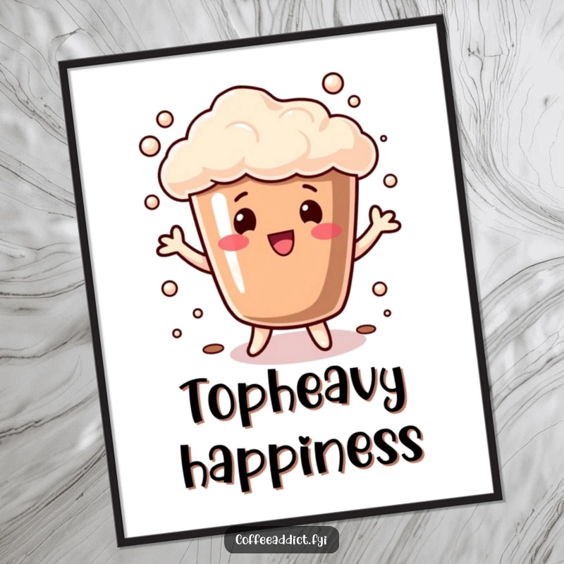 Funny Poster of a coffee cup with bubbly foam doing a playful dance, perfect for bringing vibrant energy and cheerful humor to any room.