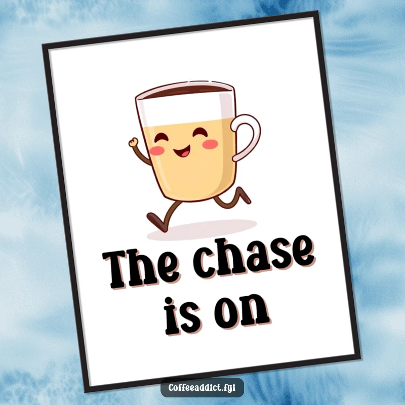 Funny poster print of a smiling coffee cup with tiny legs joyfully sprinting with determination towards a steaming pot.