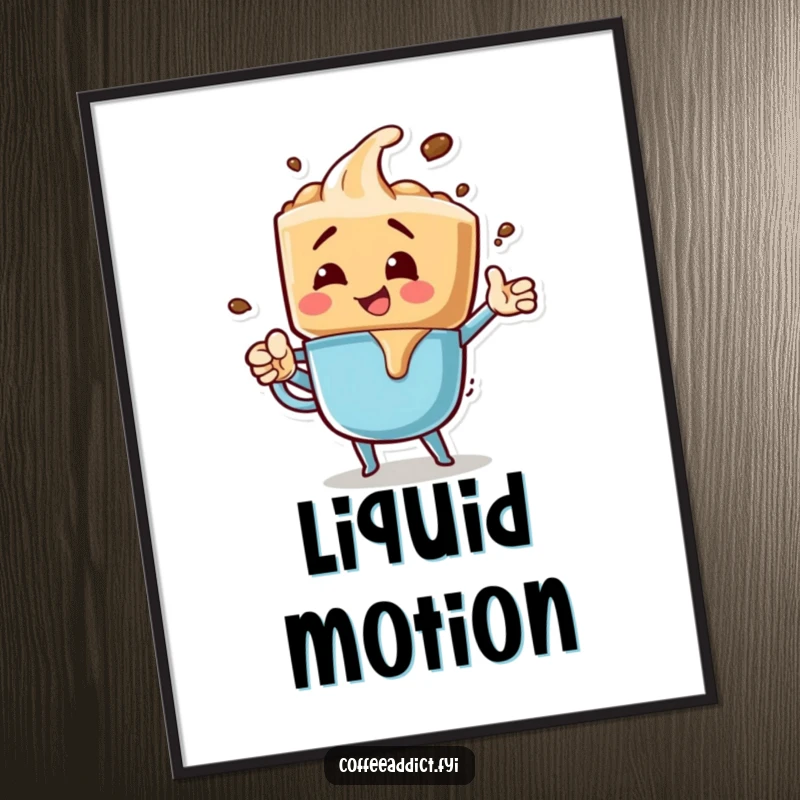 Funny poster featuring a coffee drip character striking an exciting, bubbly pose, radiating infectious energy and playful charm.