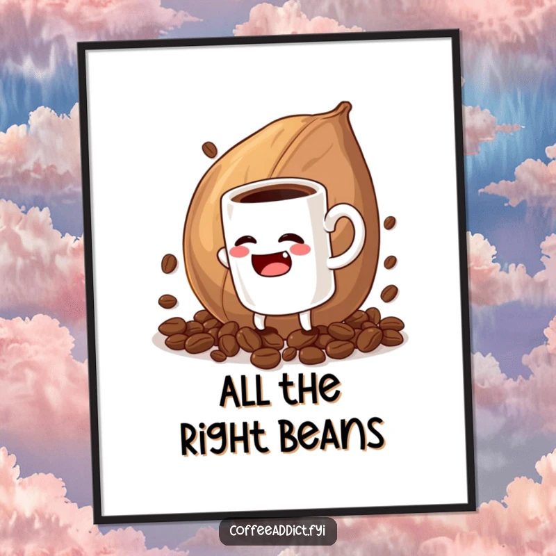 Funny poster featuring a coffee mug character comically wrestling with an enormous coffee bean, perfect wall art.