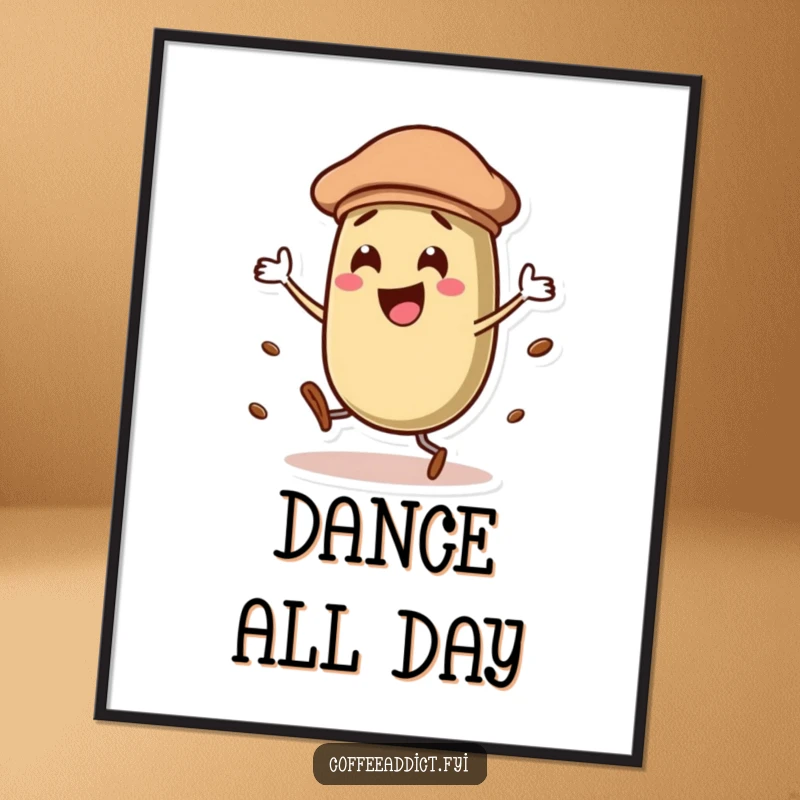 Funny coffee bean character wearing a stylish beret, dancing with energetic flair on a bright and cheerful wall poster.