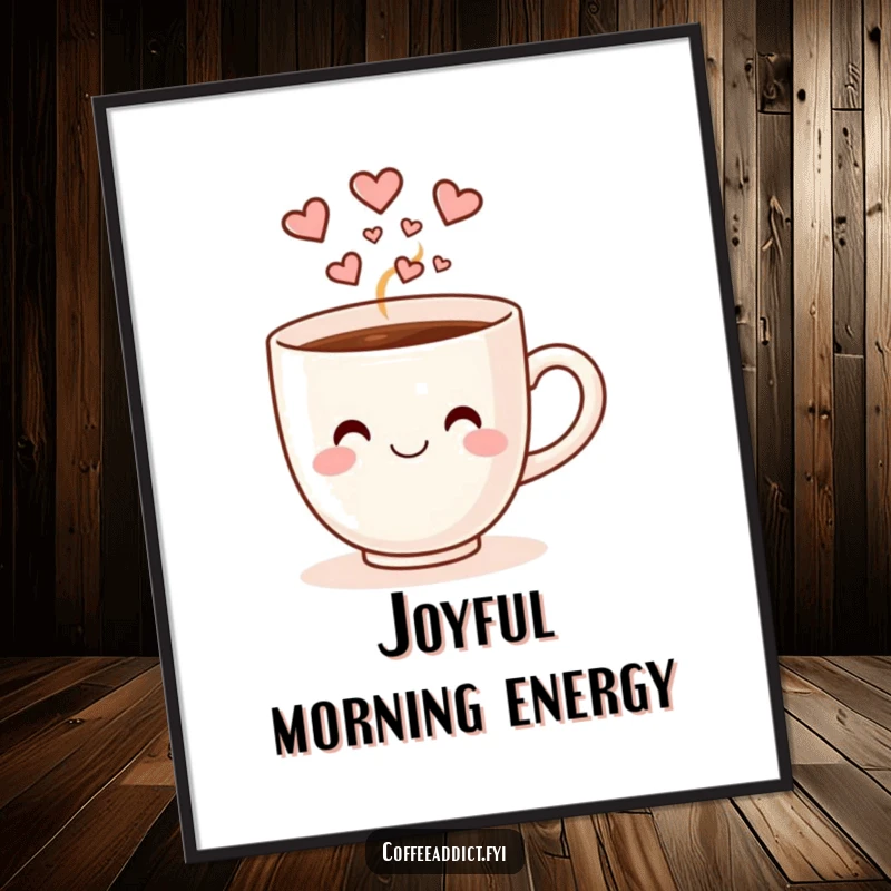 Funny smiling coffee cup with heart-shaped steam doing a happy dance, as a vibrant piece of wall art.