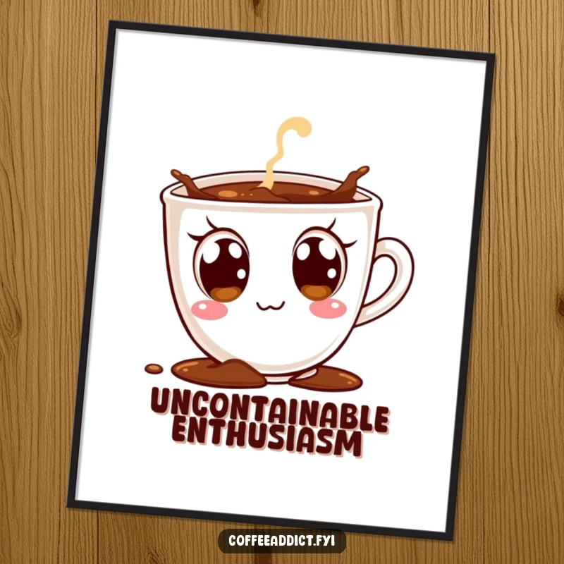Funny wall art print of a coffee cup character with massive, excited eyes, comically spilling coffee, adding a cheerful touch.