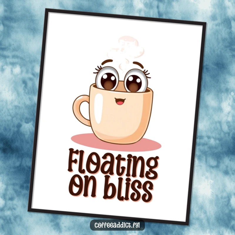 Funny poster print of a happy coffee mug character with wide eyes, floating upwards, creating an uplifting and whimsical atmosphere.