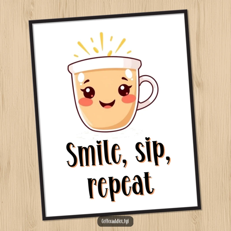 Funny Poster: Coffee cup character with a radiant smile, emanating warmth and happiness, bringing cheerful and positive energy to spaces.
