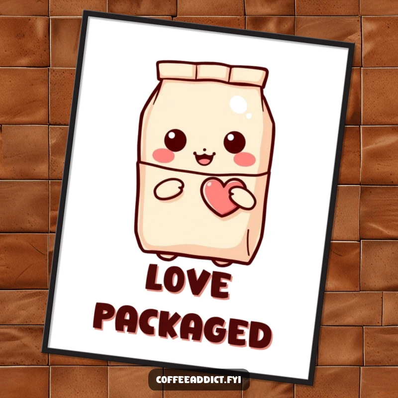 Funny Kawaii Coffee Bag Poster showing a character peeking out and holding a winking heart, adding a touch of love.