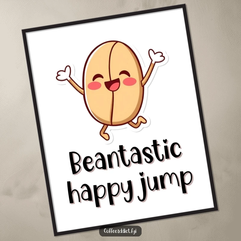 Funny Kawaii Coffee Bean Poster: Artwork of a cheerful coffee bean character in a jubilant leap, adding humorous energy to any room.
