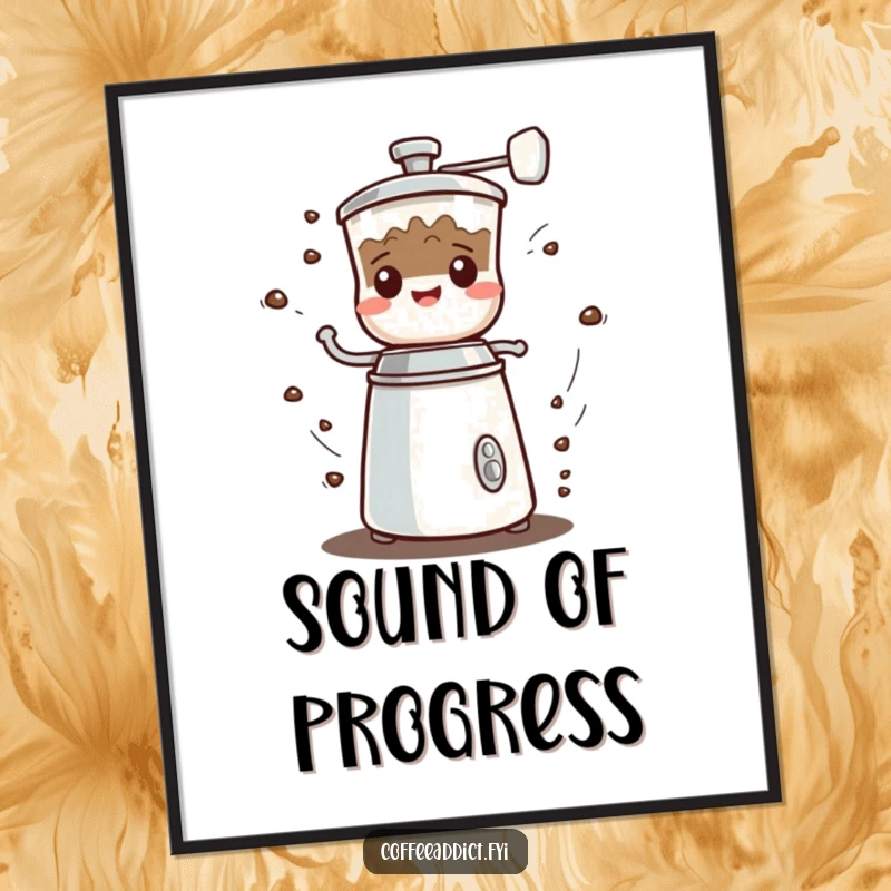 Funny Kawaii Coffee Grinder Poster depicting a character spinning very fast with a cute grumbled sound, great for kitchens.