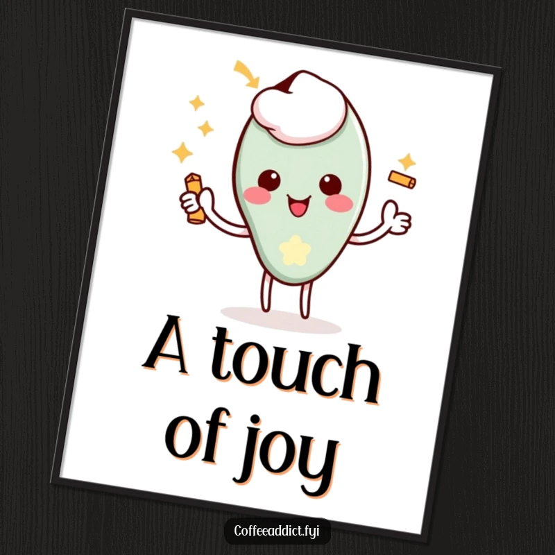 Funny Kawaii Coffee Spoon Poster showing a character giving a delighted flourish with a tiny jingle, perfect for decor.