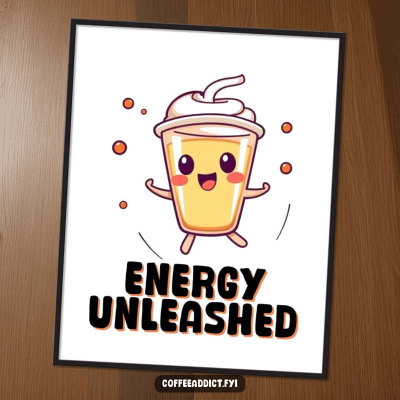 Funny Kawaii Espresso Shot Poster capturing a character in mid-zip, full of excitement and caffeine-fueled energy, ideal for wall decor.