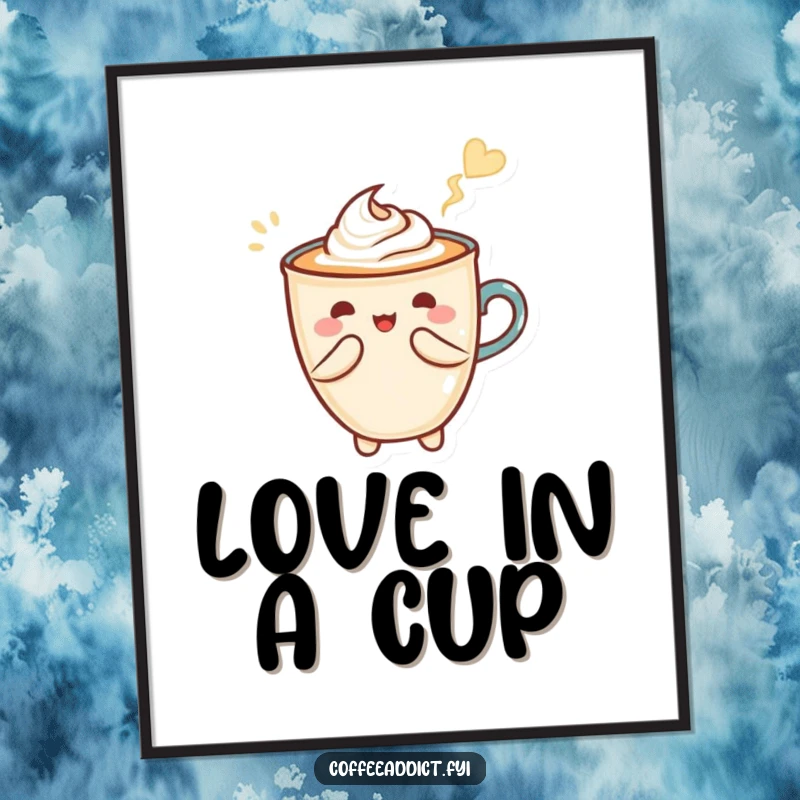 Funny poster print of Kawaii latte art forming a heart shape with a graceful flourish, bringing warmth to any space.